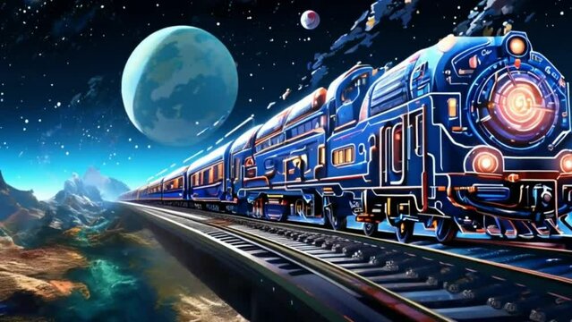 An animation depicting a train traveling through space, visiting different planets and star systems, with detailed pixel art of the train and the cosmic scenery.