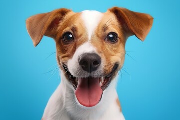 In a studio photo, a friendly Jack Russell terrier is captured pulling a funny face, radiating charm and playfulness. This portrait perfectly captures the lovable and humorous nature of the dog. 