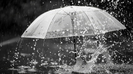 Amidst the downpour, a transparent umbrella shields against the relentless raindrops, creating a mesmerizing display of water droplets splashing against its surface.