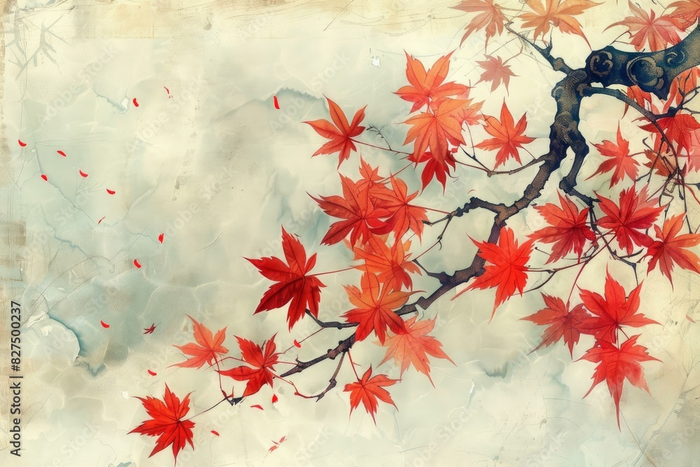 Poster artistic rendering of red japanese maple leaves on a branch against a textured background