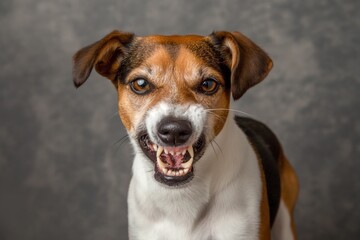 In a studio photo, a friendly Jack Russell terrier is captured pulling a funny face, radiating charm and playfulness. This portrait perfectly captures the lovable and humorous nature of the dog. 