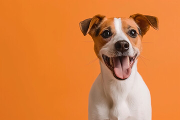 In a studio photo, a friendly Jack Russell terrier is captured pulling a funny face, radiating charm and playfulness. This portrait perfectly captures the lovable and humorous nature of the dog. 