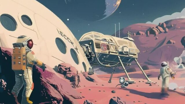 An animation depicting astronauts exploring a new planet, with detailed pixel art of their spacecraft, alien landscapes, and futuristic equipment