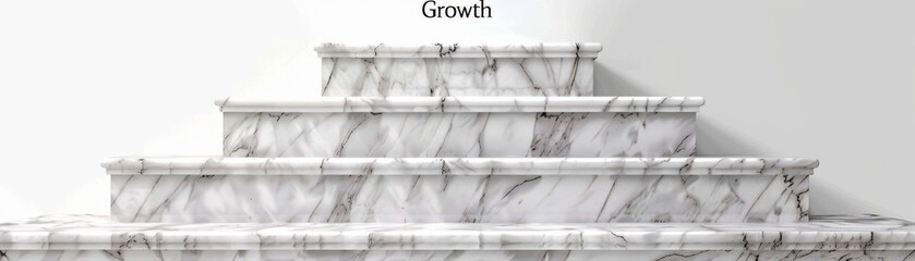 Elegant marble staircase with rising steps, the word "Growth" in the background, isolated on white background, copy space