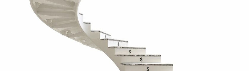 Grand spiral staircase ascending dramatically, with dollar signs on each step, isolated on a white background, copy space
