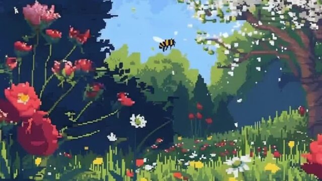 An animation depicting the arrival of spring with blooming flowers, buzzing bees, and blossoming trees, all in detailed pixel art.