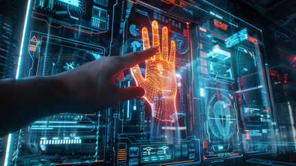 fingerprint authentication biometric verification system futuristic cyber security technology secure digital data cyber tech wallpaper, background 