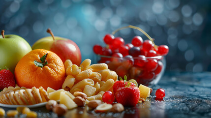 Photo realistic High resolution image of healthy snacks for study sessions with brain boosting benefits on glossy backdrop   Stock Photo Concept
