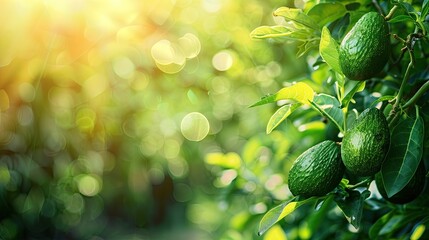 close-up of avocado fruits on a branch. Selective focus