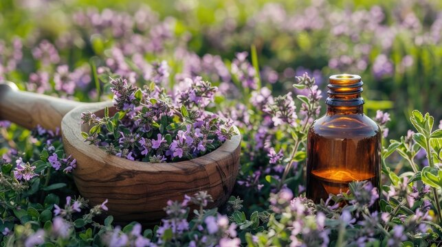 cumin essential oil and mortar. Selective focus