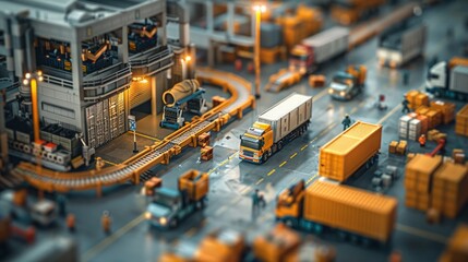 Obraz premium Logistics and Supply Chain: Illustrate the complexity of logistics a busy warehouse, conveyor belts, and trucks being loaded for delivery. 