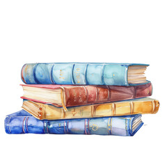 A stack of vintage, leather-bound books with worn spines.  The books are arranged in a pyramid shape, with the largest book at the bottom.  The image is a watercolor painting.