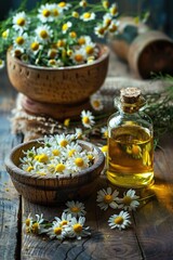 chamomile essential oil and mortar. Selective focus