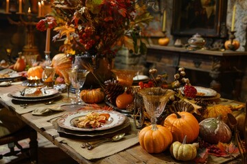 Elegant autumnthemed dinner table arrangement with pumpkins and candles for thanksgiving