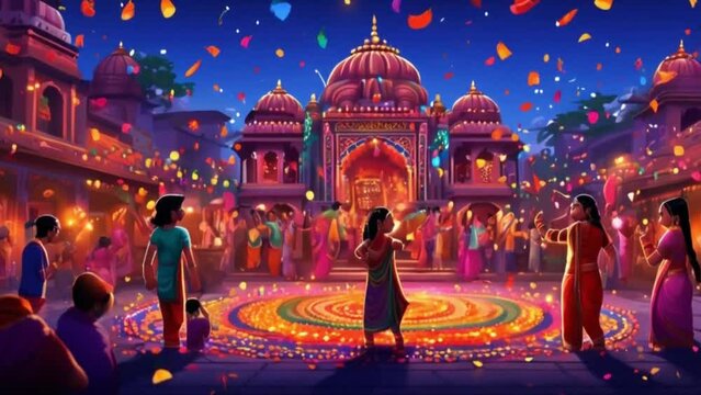 An animation illustrating a colorful Indian festival, such as Diwali, with detailed pixel art of rangoli designs, festive lights, and people celebrating.