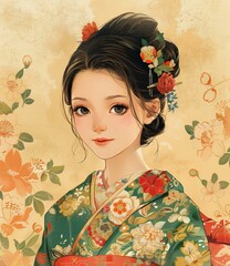 A beautiful Japanese woman in a kimono with red and white flowers in her hair.