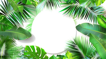 Fototapeta premium tropical green leaves with white round frame place for text on white background