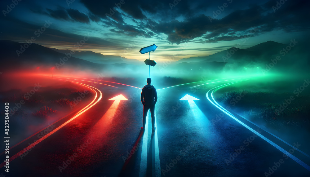 Aufkleber a person stands at a three-way fork in the road at dusk, with each path illuminated by a different c