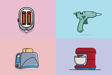 Collection of home objects vector illustration. Bread machines, glue gun and stand mixer icon design.