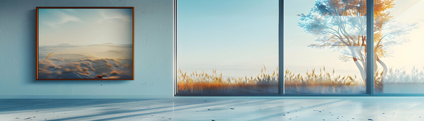High Res Minimalist Landscape Frame Mockup on White Wall | Sleek Modern Design for Artwork | Photo Realistic Stock Concept