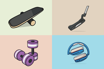 Collection of Gym objects, home cleaner, and headphone vector illustration.