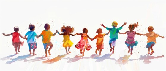 Fototapeta premium A joyful illustration of diverse children holding hands and playing together, showcasing unity, friendship, and happiness.