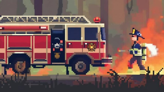 An animation illustrating a firefighter putting out a blaze, with pixel art of the fire truck, flames, and heroic actions