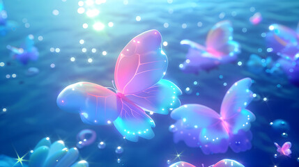 Obraz premium The magical scene at sunset is complemented by pink-blue butterflies with shimmering wings fluttering above the surface of the water.