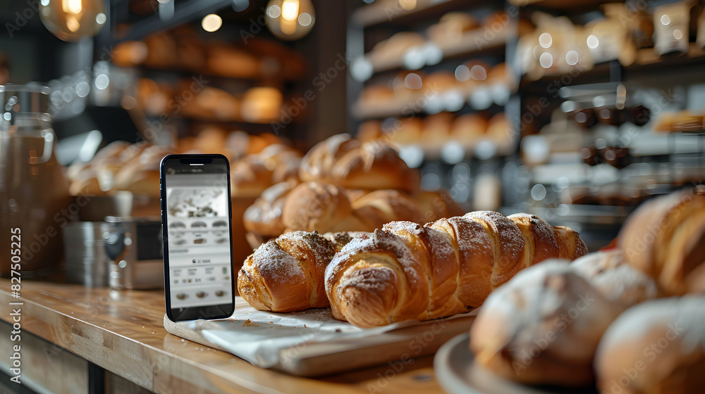Poster efficient mobile payment at bakery concept with glossy backdrop showcasing modern transaction proces