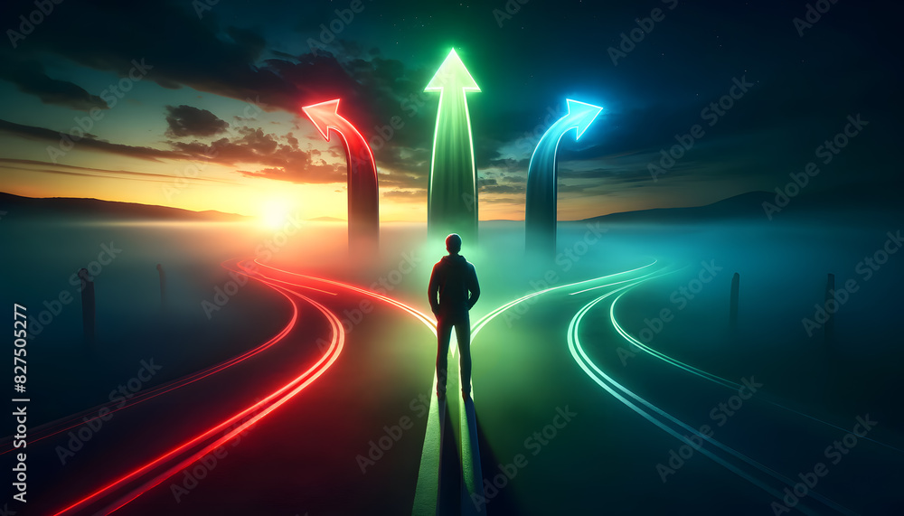 Poster a person stands at a three-way fork in the road at dusk, with each path illuminated by a different c