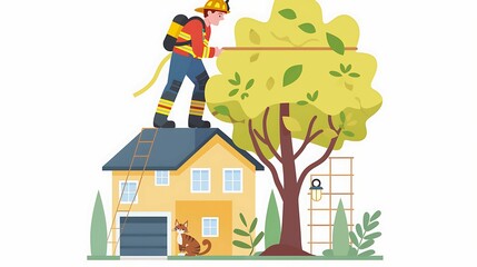 Obraz premium Autumn Rescue Firefighter Saving Cat from Tree vector illustration design