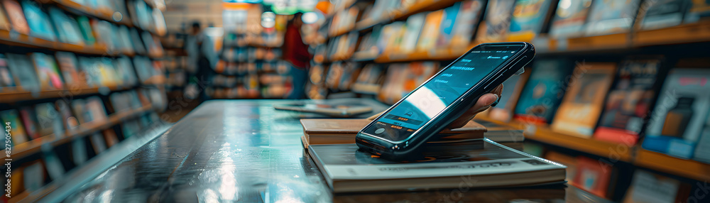 Poster modern mobile payment at bookstore: realistic high res image of convenient transaction concept with 