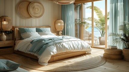 A hyper-realistic coastal beach bedroom, sandy beige and ocean blue colors, nautical-themed decor, white wooden bed with light blue bedding, large windows with sheer curtains.