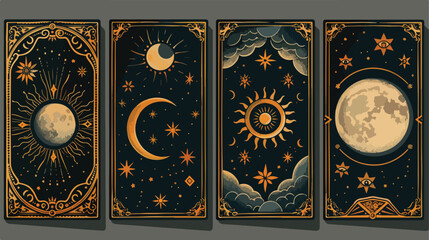 Four of celestial cards with sun moon and stars 