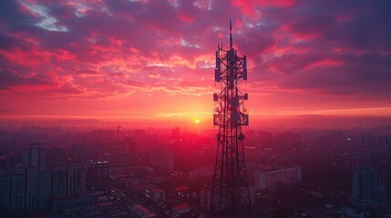 Next-generation wireless communication tower at sunset, city silhouette in the background