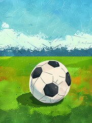 Cartoon of a black and white Soccer Ball on a green Pitch. Football Illustration with Copy Space