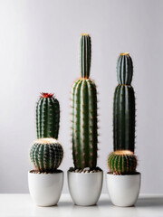 Set of cactus in minimalist glossy pot on white background, with copy space, ultra detailed, perfect lighting.