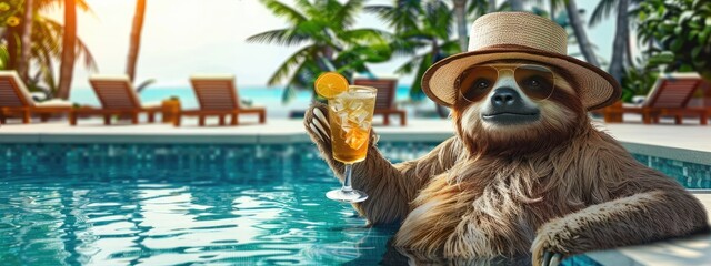 a sloth in a hat drinks a cocktail on the background of a swimming pool. Selective focus