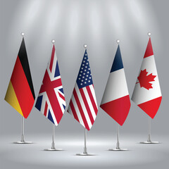 Set of Standings flags of USA, Canada, UK, Germany, and France