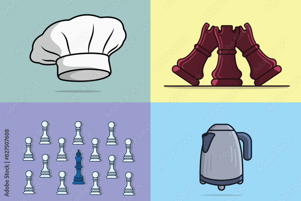 Wall mural collection of chief's hat, tea pot, and chess vector illustration.