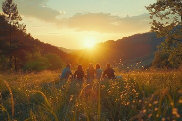 Friends sitting in a meadow at sunset, enjoying the serene beauty and tranquility of nature during golden hour