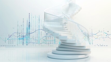 Obraz premium Spiral staircase with steps rising higher, upward financial graph in the background, isolated on white background, copy space