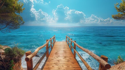 Vibrant boardwalk scene on a bright summer day, space at top for seaside business ads