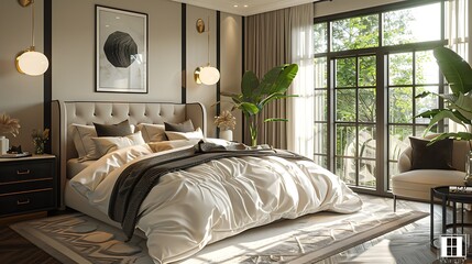 A hyper-realistic contemporary glam bedroom, black furniture with gold detailing, white bedding with black and gold throw pillows, chic gold light fixtures, modern black and white artwork.