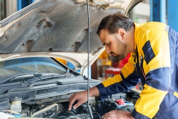 Car mechanic wearing a yellow and blue uniform working under an open hood of a car in a garage....