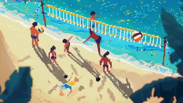 An animation illustrating a sunny beach scene with pixel art of people swimming, playing volleyball, and enjoying the sun.