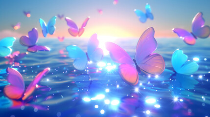 Vibrant butterflies with iridescent wings fluttering over a shimmering water surface at sunset, creating a magical scene.
