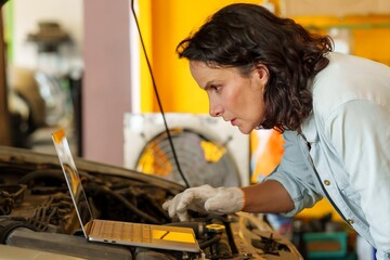 Female mechanic wearing gloves, focused on laptop placed on the car engine in garage. Engaged in diagnostics and troubleshooting using modern technology. Background includes various automotive tools. - Powered by Adobe