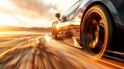 A sports car driving at full speed in a salt desert streaks of light long exposure motion blur...