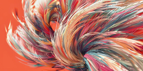 Vibrant abstract feathers swirling on a bright orange background